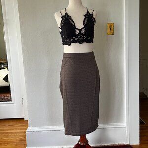 Brown Herringbone Pencil Skirt – Classic Tailored Midi - Size S